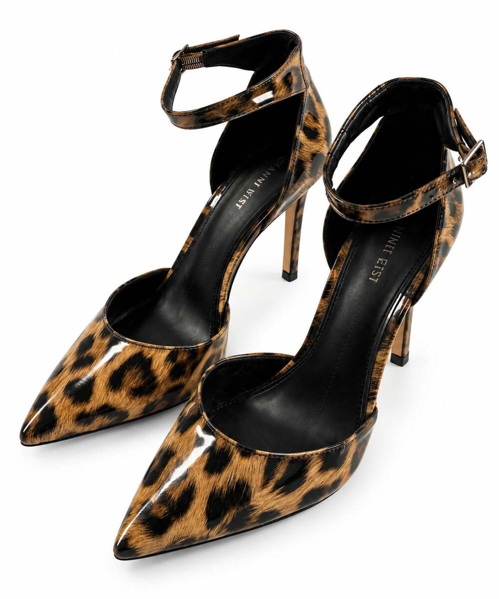 Gianni Bini Leopard Print Patent Leather Ankle Strap Stiletto Pumps